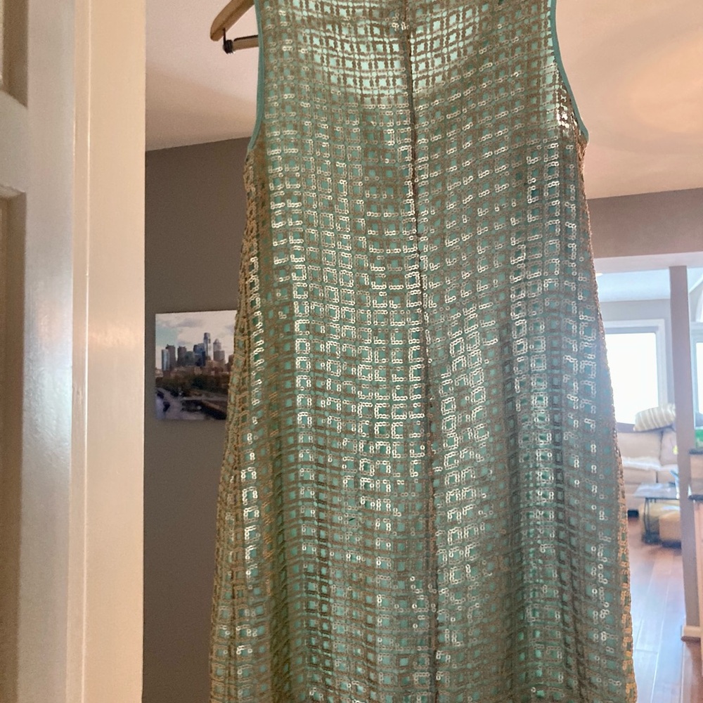Anthropologie | Tabitha Golden Pane Shift Sequin Grid Overlay Mint Green Sz 6 - Picture 10 of 16